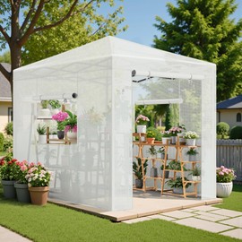 Greesum 8x6 FT Portable Pop-up Greenhouse with Center Lock, PE Cover, Zippered Door and 2 Roll-up Windows, Easy Assemble(White)