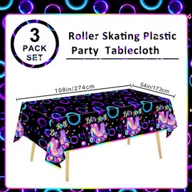 LINHAXM 3 Pack Roller Skating Tablecloths, Roller Skating Party Decorations, Let’s Roll Tablecloth for Roller Skate Birthday Party Decorations, 54 x 108 Inch