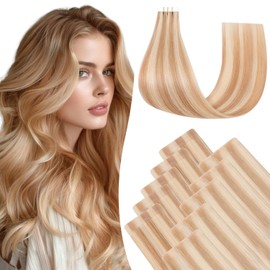 TESSHAIR Injected Tape in Hair Extensions Human Hair 10 Pcs Invisible Skin Weft Remy Real Hair Extension Tapes Natural Tape Extensions for Women Girls(Dark Blonde Mix Bleach Blonde, 20g) - 12Inch