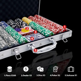 Boyzhood Poker Chips with Numbers,500PCS Poker Chip Set with Aluminum Travel Case,11.5 Gram Poker Set for Texas Holdem and Blackjack Gambling.