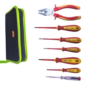 VDE Electrician Screwdriver Set - 7-Piece Electrician Screwdriver/Pliers Insulated up to 1000 V with Hardened Black Point Tips and Ergonomic Anti-Roll Design (7 Pieces)