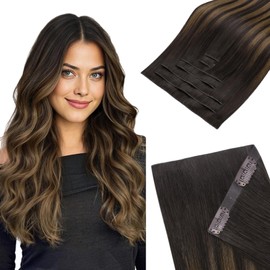 HOTBANANA Invisi Edge Clip in Hair Extensions, 16inch 110g 7Pcs Injected Seamless Clip in Extensions Real Human Hair Balayage Dark Brown Mixed Chestnut Brown PU Hair Extensions Straight Hair