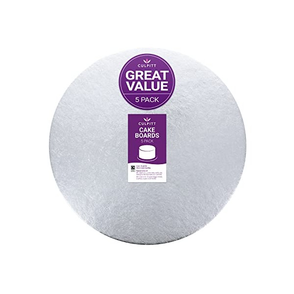 Culpitt Cut Edge Round Card, 10" Round Cake Cards, Silver Cake Boards, 1.8mm Thick, 5 Pack - 10 Inch (254mm) CSR10AMZ5