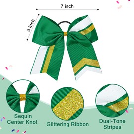 8PCS Cheer Bows Bulk Glitter Cheerleading Bows Girls Hair Bows Green Gold Cheer Bows Elastic Band Ponytail Holder for Cheerleaders Teen Girls College Sports Competition