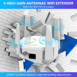 2025 WiFi Extender Signal Booster for Home, AC1200 Mbps Dual Band (5GHz/2.4GHz), Coverage up to 12880 sp.ft and 45 Devices, Easy to Set Repeater Wireless with Ethernet Port (White)