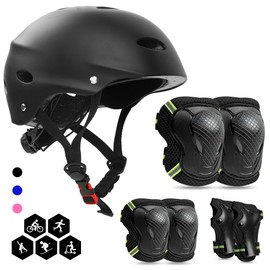 FAYITING Kids Protective Equipment, 7-in-1 Helmet Set, Knee Wrist and Elbow Pads for Skateboard, Skating, Scooter, BMX for Boys and Girls Aged 4-13 Years (Black S)