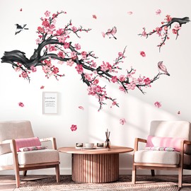 decalmile Pink Flower Branch Wall Decals Watercolor Blossom Floral Tree Branches Wall Stickers Living Room Bedroom Sofa TV Background Wall Decor