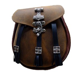 Kilt Bag Leather Sporran Decorative Studs Thors-Hammer Leather Colour Light Brown Hook Closure, light brown, Nordic