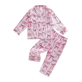 Ursobutegl Kids Baby Girl Pajamas Set Satin Silk Cute Bow Print Button Down Shirt Tops Pants Toddler Sleepwear Pjs Loungewear (Light Pink, 6-7 Years)