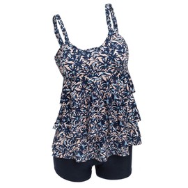 ECUPPER Ladies 2 Piece Swimwear Tankini Tops and Shorts Plus Size Printed Ruffled Swimsuits with Swimming Bottom Leaf 4XL