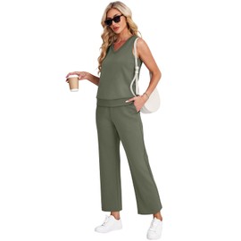 WIHOLL 2 Piece Sets for Women Dressy Casual Summer Outfits Wide Leg Crop Pant Sets Women Two Piece Outfits Olive L