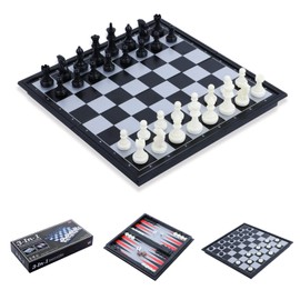 3-in-1 Magnetic Chess Game, FISHOAKY Chess/Lady/Backgammon Travel Set, Foldable Chess Board, Black and White, 25 × 25 cm, for Children, Adults, Family, Christmas, New Year