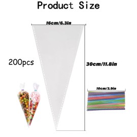 200pcs Sweet Cones Bags and Ties, Crystal Clean Cone Bags, Triangle Clear Cellophane Bags with 200pcs Colorful Ties for Cookie, Candy, Baking, Party Christmas and Festivals Wrapping(Transparent 16*30)