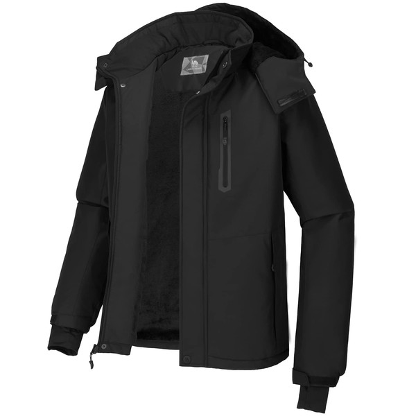CAMEL CROWN Men's Mountain Snow Waterproof Ski Jacket Detachable Hood Windproof Fleece Parka Rain Jacket Winter Coat Black L