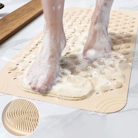 Square Shower Mat Non Slip 14.2" x 27.2" | Bathtub Mat Anti Slip with Strong Suction Cups & Drain Holes, Shower Matt Non Slip with Foot Scrub | Tapis de Bain Antidérapant, Machine Washable (Khaki)