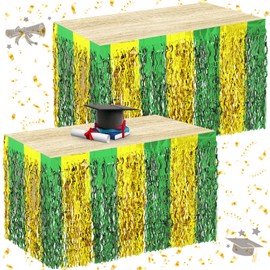 Oudain Green and Gold Party Decorations, 2 Pack Wavy Metallic Tinsel Foil Fringe Table Skirts for Wedding Birthday Rectangle and Round Table Supplies Decor