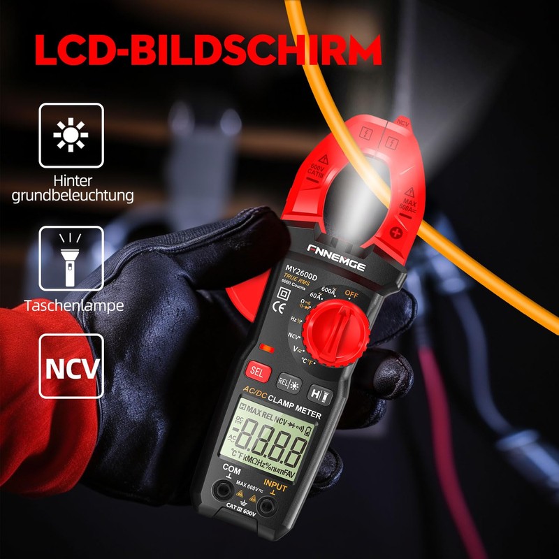 FNNEMGE Digital Current Clamp Multimeter DC/AC 0-600A Real RMS 6000