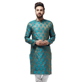 Sojanya (Since 1958 - Kurta larga de seda jacquard para hombre, Azul azulado y cobre, Small