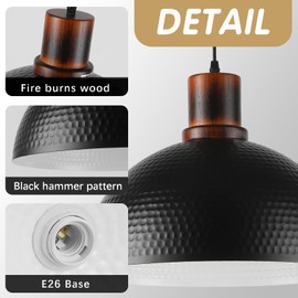 Mgcanyu 2 Pack Solid Wood Pendant Lights,16" Hammered Metal Black Finish Hanging Lighting Modern Lamp Industrial Dome Ceiling Light Fixtures for Kitchen Island Farmhouse Dining Room