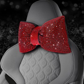 4 PCS Bling Car Pillows,Rhinestones Bowknot Car Headrest Pillow,Car Neck Pillow for Driver Relax Necksupport,Sleeping Travel Support Neck Pillow,Shiny Diamond Interior Accessories for Women,Red