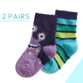 Metzuyan WS-AW23 Baby Boys 2 Pairs Fluffy Snuggle Winter Warm Socks Purple Monster 3-5.5