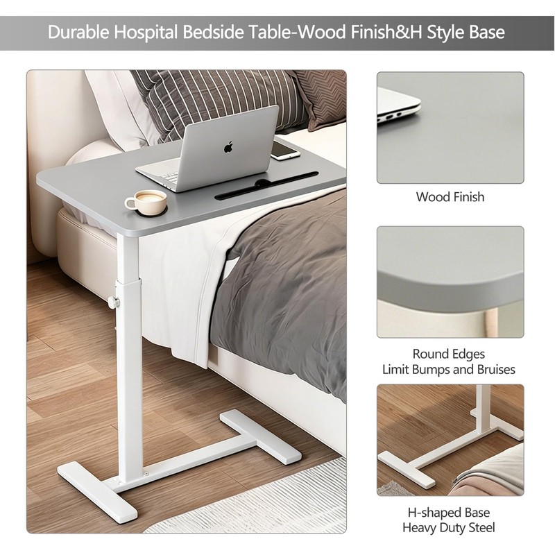 Over the Bed Table with Hidden Wheels,Height Adjustable Bedside Table