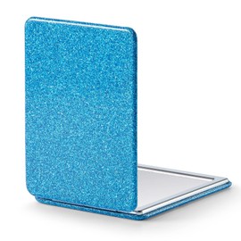 OMIRO Compact Mirror, Glitter PU Leather 1X/3X Magnification, Ultra Portable for Purses, 2.4" W x 3.4" L (Blue)