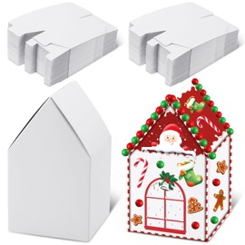 Cholemy 50 Pcs Christmas Gingerbread Houses Kit House Shaped Boxes Cardboard Christmas Crafts DIY Build Gingerbread House Supplies Holiday Fun Party Game Decorating(White)