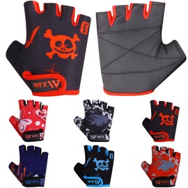 WFX Kids Cycling Gloves Short Half Finger Fingerless Gloves Padded Fastened Children Kid BMX Bike Safety Hand Protect Cycling Climbing Weight Lifting Workout Bicycle Gloves (Red Skull, L)