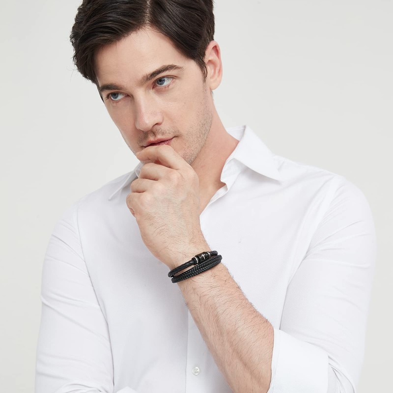 ASUWISH Bible Verse Cross Bracelets for Men Multi-Layer Braided Leather