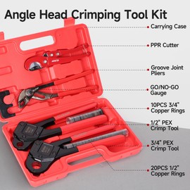 iCrimp Angle Head F1807 PEX Pipe Crimping Tool for Copper Rings - 1/2&3/4-inch Two Crimper Set with 9.5" Groove Joint Pliers, PPR Cutter, 20PCS 1/2" and 10PCS 3/4" Copper Rings