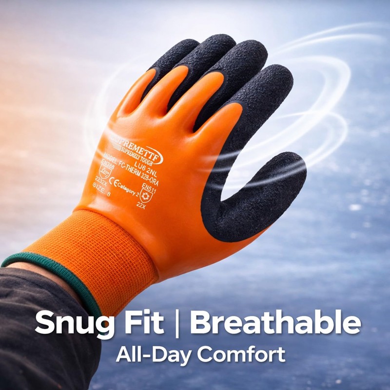Supreme TTF Waterproof Thermal Work Gloves, Double Latex Coated, Orange-Black,