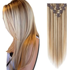 Rich Choices Real Human Hair Gold Brown Mix Bleach Blonde Clip in 8PCS, 10 Inch 50g Real Remy Hair Seamless Thin Weft Clip Hair Extension