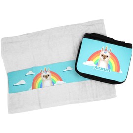 Eurofoto Handtuch + Kulturbeutel Set mit Namen Armin und Llama-Einhorn-Motiv für Jungen | Handtuch und Kulturbeutel Bedruckt |