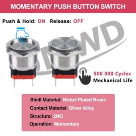 DMWD 22mm Heavy Duty Momentary Metal Push Button Switch Large Current 20Amp 12V 24V 110V ON-Off 2NO 4 Pins with Pre-Wired Socket for 7/8" Mounting Hole Without LED Silver Shell Self-Reset