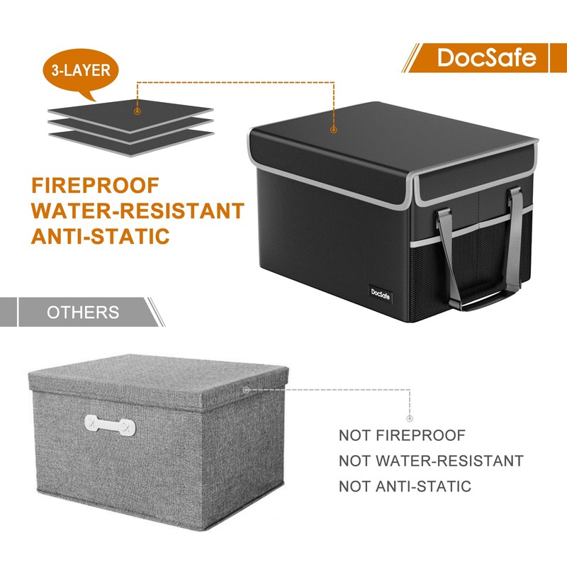 DocSafe File Box Fireproof File Storage Organizer with Lid,Collapsible Document