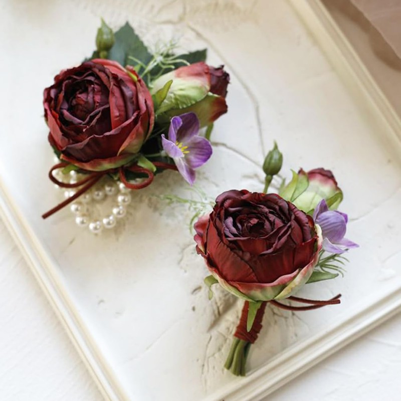 MAFELOE Corsage Boutonniere Set, Burgundy, 2 Pieces (X1-DB)