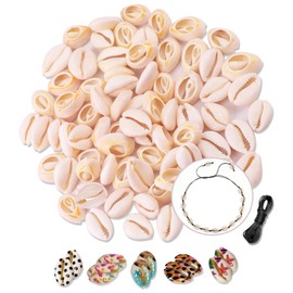 DINGPAI 110Pcs Cowrie Shell Beads, Printed Shell Beads Natural Cowrie Beach Shells Smooth Cut Oval Seashells Beads with Black Waxed Cotton Cord for DIY Craft,Bracelet and Jewelry Making