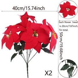CITYES 2 Pcs Poinsettias Artificial Christmas Flowers Red Poinsettia Bushes for Christmas Decor 7 Heads Fake Silk Poinsettia Flowers Velvet Bouquet for Home Xmas Tree Table Centerpiece Holiday