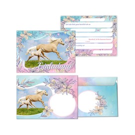 Minkocards 12 Invitation Cards for Children's Birthday Parties Girls Horse with Foal Including 12 Envelopes, 12 Party Bags/Petrol, 12 Stickers, 12 Bookmarks Invitation Set