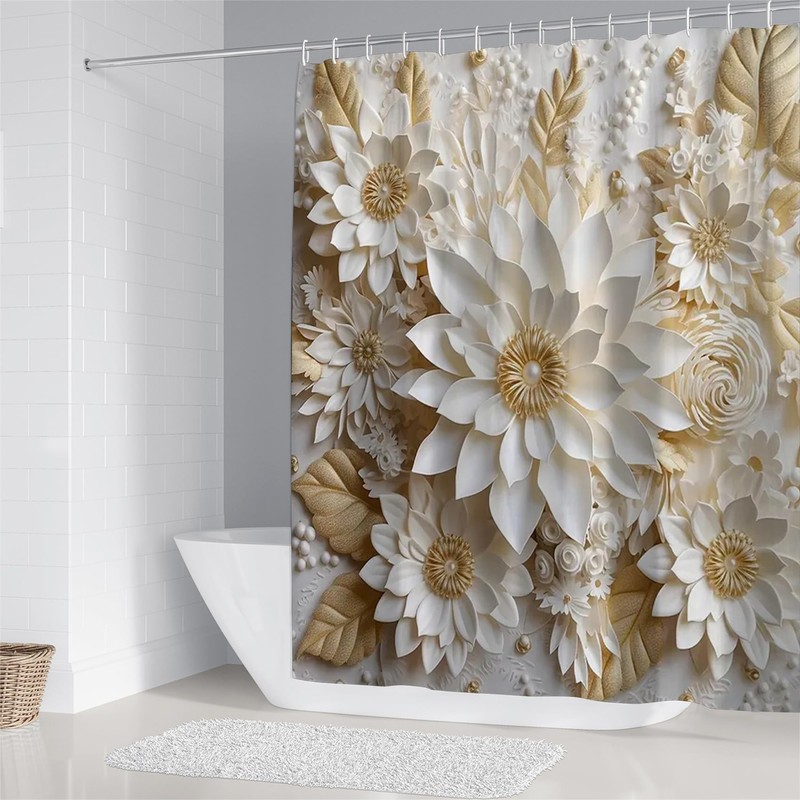 Chrainy 4Pcs 3D Floral Shower Curtain Sets Elegant White Blossom