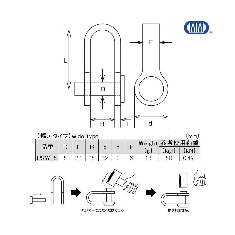 MM 水本機械製作所 SUS304 ステンレス リベット式シャックル(幅広タイプ) PSW-5