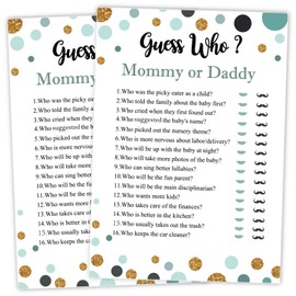 25 Guess Who Mommy or Daddy Fun Baby Shower Game Idea For Girl or Boy Cute Gold Gender Neutral Party, Funny Activity Questions at Gender Reveal Bundle, Party Activities Supplies For Kids, Mom, Dad