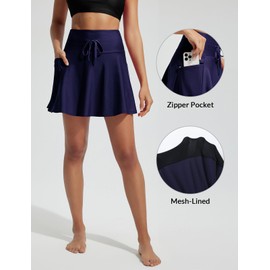 BALEAF Women's Swim Skirt with Boxer Liner High Waisted Tummy Control Modest Tankini Swimsuits 2025 Zipper Pocket Skorts Bathing Suit Flowy Swimming Bottoms Navy Blue M