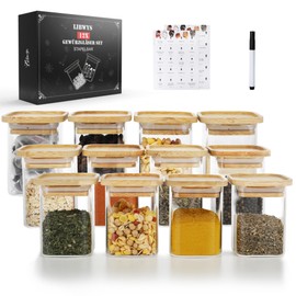 LIBWYS 12pcs Stackable Spice Jars, Square Spice Bottles with Bamboo Lid, 6.8oz Empty Glass Spice Jars with Labels, Seasoning Containers for Spice Rack, Cabinet, Drawe
