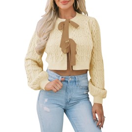Saodimallsu Womens Cropped Cable Knit Sweater Long Sleeve Crewneck Bow Tie Open Front Fall Chunky Cardigan Coats Beige