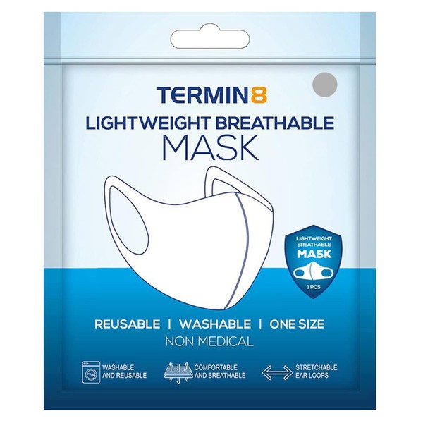Termin8 Lightweight Breathable Reusable Face Mask for Adults, Machine Washable