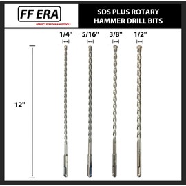 FF ERA SDS Plus Drill Bits – 4pcs 12 Inch Masonry SDS Plus Drill Bit Set - Carbide Tipped - Rotary Hammer Drill Bits for Brick, Stone, Concrete (1/4” x 12”, 5/16” x 12”, 3/8” x 12”, 1/2” x 12”)