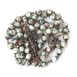 Nazareth Store - Rosario de diseño clásico con abalorio de piedra natural de 8 mm, medalla de piso sagrado y crucifijo de crucifijo religioso, colección Terra Santa Jerusalén, Zinc, Sin piedra preciosa