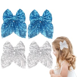 4Pcs Sparkling Sequin Hair Bows Clips - Nylon Mesh Bow-knot Bling Bling Glitter Alligator Hairpin Barrettes for Girls Kids Teens Women (Silver/Light Blue)